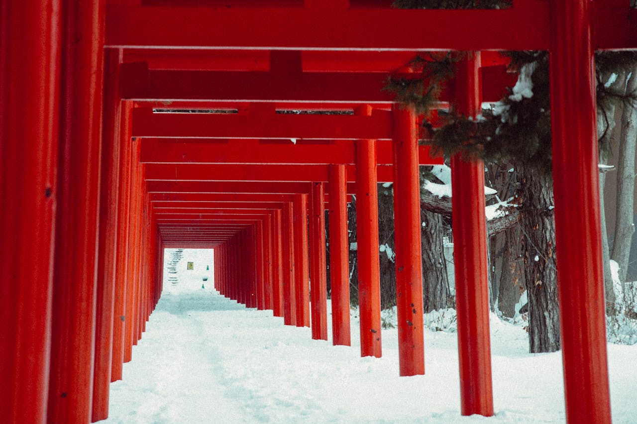Serene winter view through vibrant red torii gates in snowy Hokkaido, Japan.