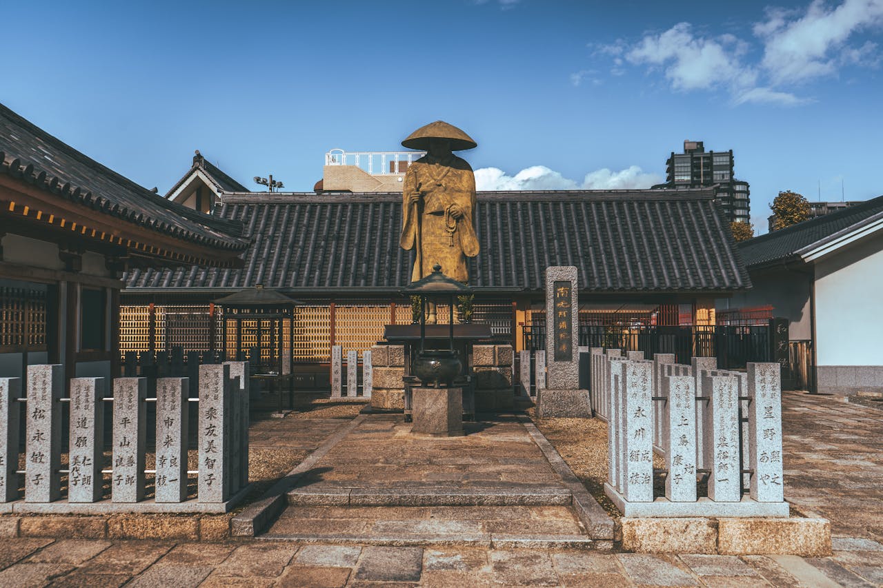 Explore the serene Shitennoji Temple courtyard in Osaka under a clear blue sky.