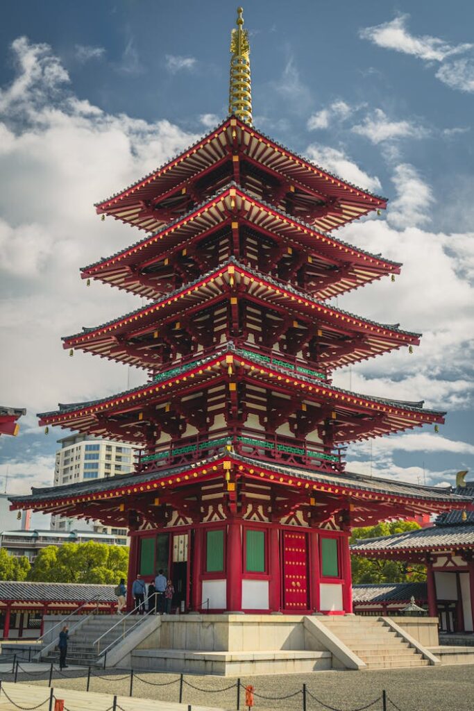 Majestic pagoda at Shitennoji Temple, a historic landmark in Osaka, Japan, under a clear blue sky.
